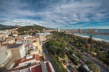 Cityscape aerial view of Malaga, Spain.