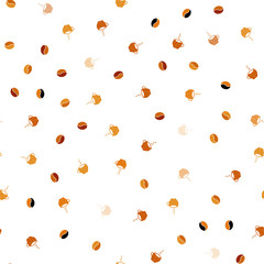 Light Orange vector seamless texture with coffee beans, mugs.