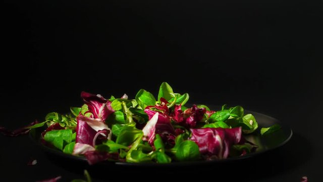 Salad falling onto the plate in slow motion. Black background.