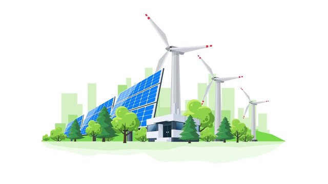 Simple motion loopable 4K flat cartoon animation of wind turbines and solar panels in front of the city skyline office buildings. Sustainable renewable eco green energy supply city theme.