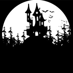 Vector Illustration of a Landscape with a Spooky Haunted Halloween Castle and a Full Moon