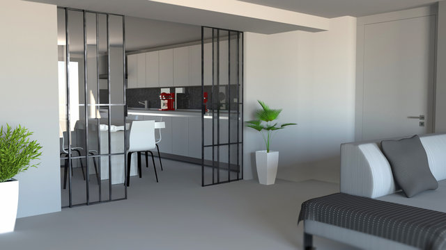 Porta scorrevole, divisorio ambiente soggiorno e cucina, ingresso appartamento moderno, stile industrial. 3d rendering