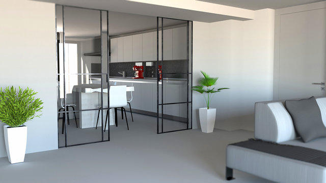 Porta scorrevole, divisorio ambiente soggiorno e cucina, ingresso appartamento moderno, stile industrial. 3d rendering