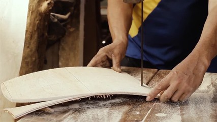 Carpentry Workshop. Carpenter Cutting the Wood. Close-Up. Full HD. 