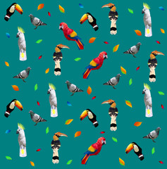 Pattern of Low poly colorful bird(pigeon,hornbills,parrot,toucan,cockatoo) on blue back ground,animal geometric concept,Abstract vector.  © Sarun