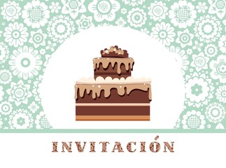 Invitation, postcard, chocolate cake, Spanish, floral, blue, vector. Color card. Invitation to a holiday, event, celebration. The inscription in Spanish 
