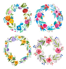 Bright garland of wild flowers drawn on white paper with aquarelle technique