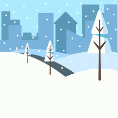 Winter landscape of the park in the city with trees where everything is covered with snow. Vector illustration can be used as background, at web, as a poster.