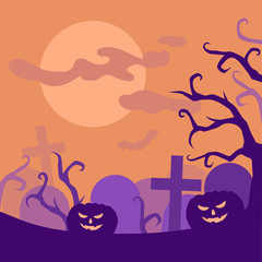 Halloween night creepy cemetery and pumpkins greeting card, Scary graveyard party poster. Spooky landscape silhouette