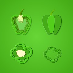 Set of paper cut green pepper. Vector paper cut design in the form of whole and slice pepper for design of food packaging. Vector illustration. Paper art style paprika. Origami concept.