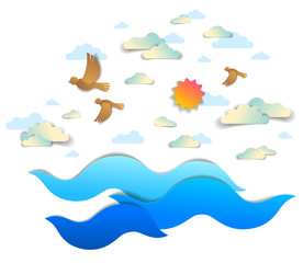 Fototapeta na wymiar Beautiful seascape with sea waves, birds clouds and sun in the sky, vector illustration in paper cut style, water travel summer holidays theme.