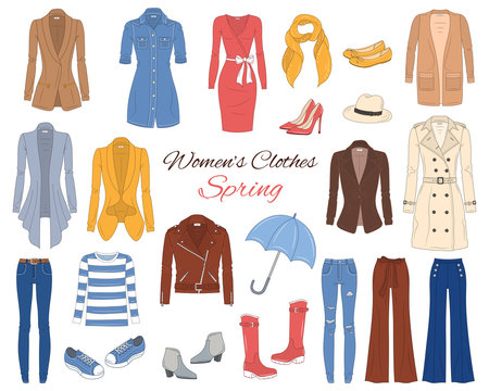 Women clothes collection. Spring outfit. Vector illustration.