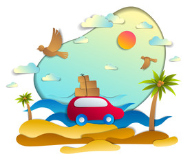 Red car with baggage in scenic seascape with beach and palms, waves, birds and clouds in the sky, paper cut style vector illustration of summer holidays travel and tourism, family or friends.