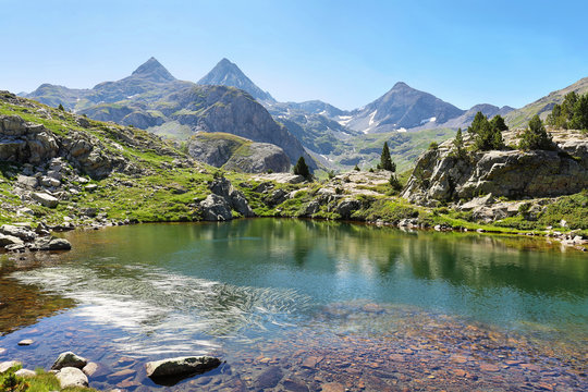 View of Ranas Lake in Tena Valley in The Pyrenees, Huesca, Spain.