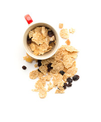 whole grain cereal flakes which mixed berry fruit and raisins for breakfast isolaed on white background