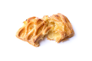 close up of crispy pineapple pie isolated on white background