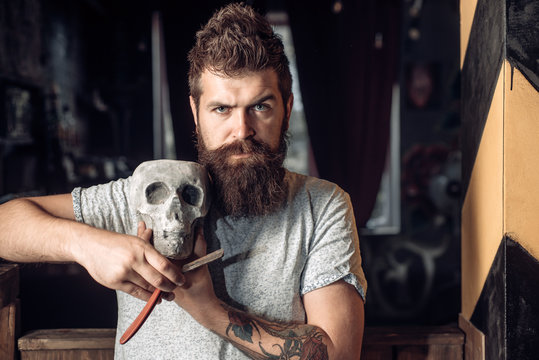 Hair Salon And Barber Vintage Barber Making Haircut Of Attractive Bearded Man In Barber Shop Barber Shop Design Barbershop Vintage Bearded Man Or Hipster Portrait Bearded Man Buy This Stock Photo