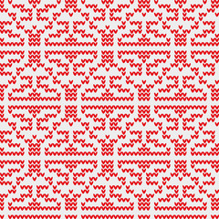 Vector abstract seamless background with elements of a knitted pattern of red ornaments on a white background, geometric patterns. For design, decoration, packing, fabric
