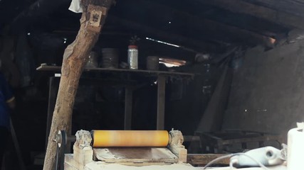 Craftsman Cutting The Wood In His Workshop. The Dust Flies In The Air. Full Hd. 