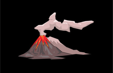 Volcano exploding, full body. Double mountain vulcano. Flat vector illustration. Isolated on black background. © Tatyana
