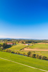 Fototapeta na wymiar Croatian farmlands in countryside, panoramic view of river Dobra in Novigrad, Karlovac county 