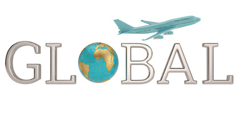 Golden global word and airplane isolated on white background 3D illustration.