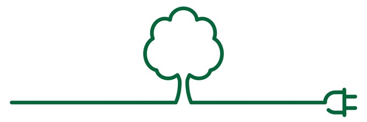 ncld4 NewContinuousLineDrawing ncld - english - green tree (renewable energy) with power plug: (continuous line drawing / line-art-sign) - banner 3to1 - xxl g6675