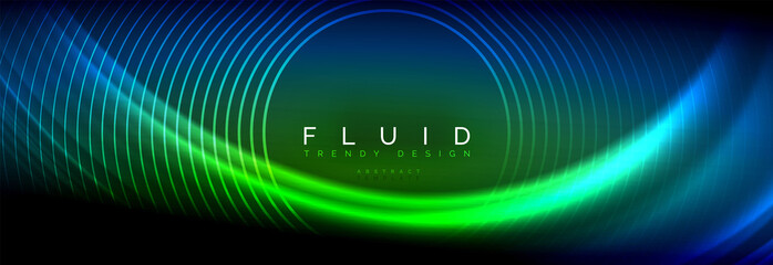 Neon glowing fluid wave lines, magic energy space light concept, abstract background wallpaper design