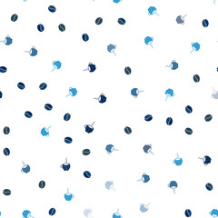 Dark BLUE vector seamless template with cups of coffee, beans.