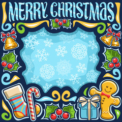 Vector frame for Merry Christmas holiday, dark poster with kids sock, cute gingerbread man, leaves of holly berry, candy cane, gift box and original brush lettering for wish message merry christmas.