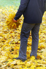 Autumn. Autumn. A man stands with his back and holds a bouquet of autumn, collected from yellow maple leaves.
