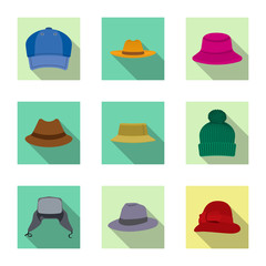 Vector illustration of headgear and cap icon. Set of headgear and accessory vector icon for stock.