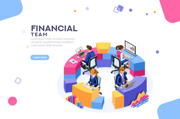 Project management financial report strategy. Consulting team. Collaboration concept with collaborative people. Isometric business analysis planning. Flat isometric characters vector illustration.
