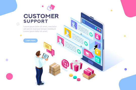 Commercial support for customer transaction on website. Consumer at website, buyer at electronic dashboard. Commerce or marketing concept with characters flat isometric images vector illustration.