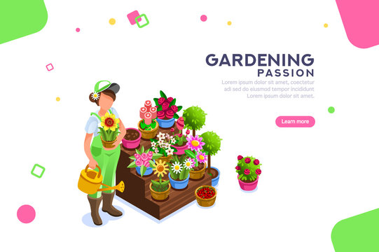 Bud concept, florist with seasonal more market descriptions or text. Bush and bouquet. Editable composition, female template or banner, concept with characters. Flat isometric vector illustration.