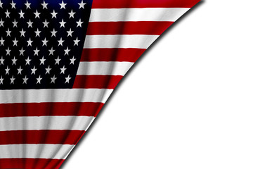 Waving national flag of the United States of America on a white wall texture background