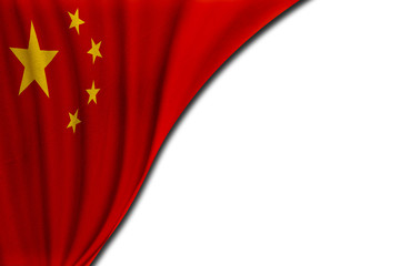 Waving national flag of China on a white wall texture background