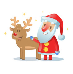 Santa Claus and his reindeer friend smiling. Cartoon Christmas card. Colorful flat vector illustration. Isolated on white background.