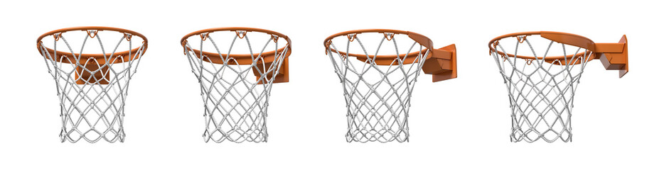 3d rendering of a set made of four basketball baskets with orange loop and fixing bracket. © gearstd