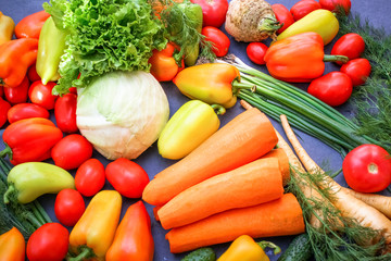 A rich variety of autumn colorful bright and fresh vegetables and roots.