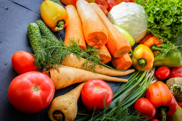 A rich variety of autumn colorful bright and fresh vegetables and roots.