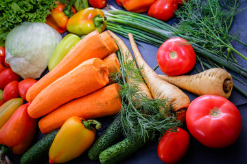 A rich variety of autumn colorful bright and fresh vegetables and roots.