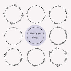 Hand drawn wreath set. Floral round frames, vector design elements for cards, invitations. 