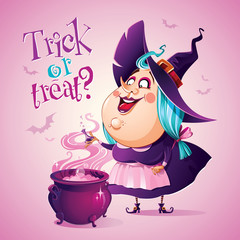 Halloween Witch is brewing a potion. Vector character