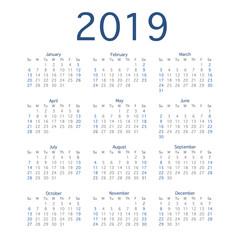 2019 calendar year, Simple calendar Layout for 2019 year. Vector illustration.