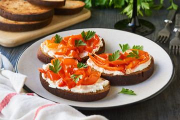 Bruschetta with baked bell pepper and cheese      