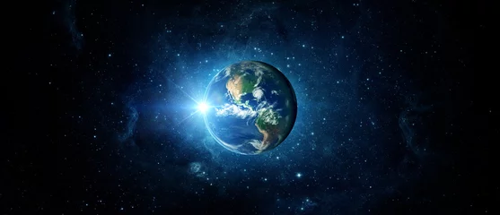 Fototapete Für ihn Panoramablick auf Erde, Sonne, Stern und Galaxie. Sonnenaufgang über dem Planeten Erde, Blick aus dem Weltraum. Elemente dieses von der NASA bereitgestellten Bildes