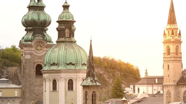 The towers of the baroque Salzburg Cathedral in Austria.
