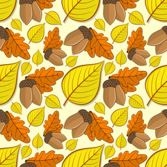 Obraz premium Seamless pattern with acorns and oak, linden autumn leaves. Vector illustration.