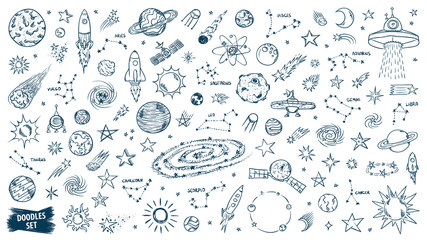 Space doodles set. Astronomy. Cosmic sketches. Zodiac. Planets. Moon and stars. Sun. Spaceship. Meteor. Comet. Alien. Asteroid. Constellation. Universe scribbles. Galaxy collection. © ADELART